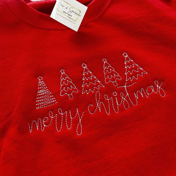 Gildan Sweaters - New Handmade Gildan Embroidered Christmas Trees Crewneck Red 2XL NWT